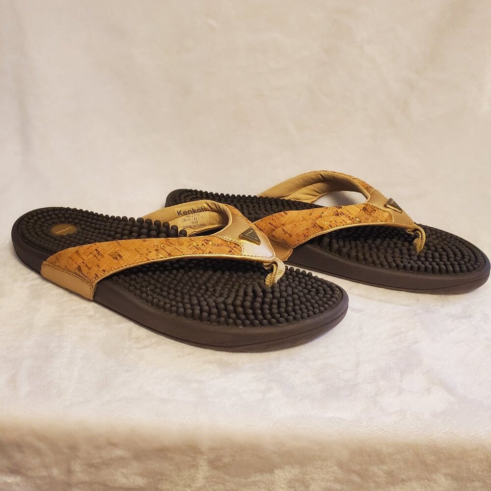 Kenkoh Massaging Sandals, Cork and Gold, Flip Flop Style, Women's Size 11